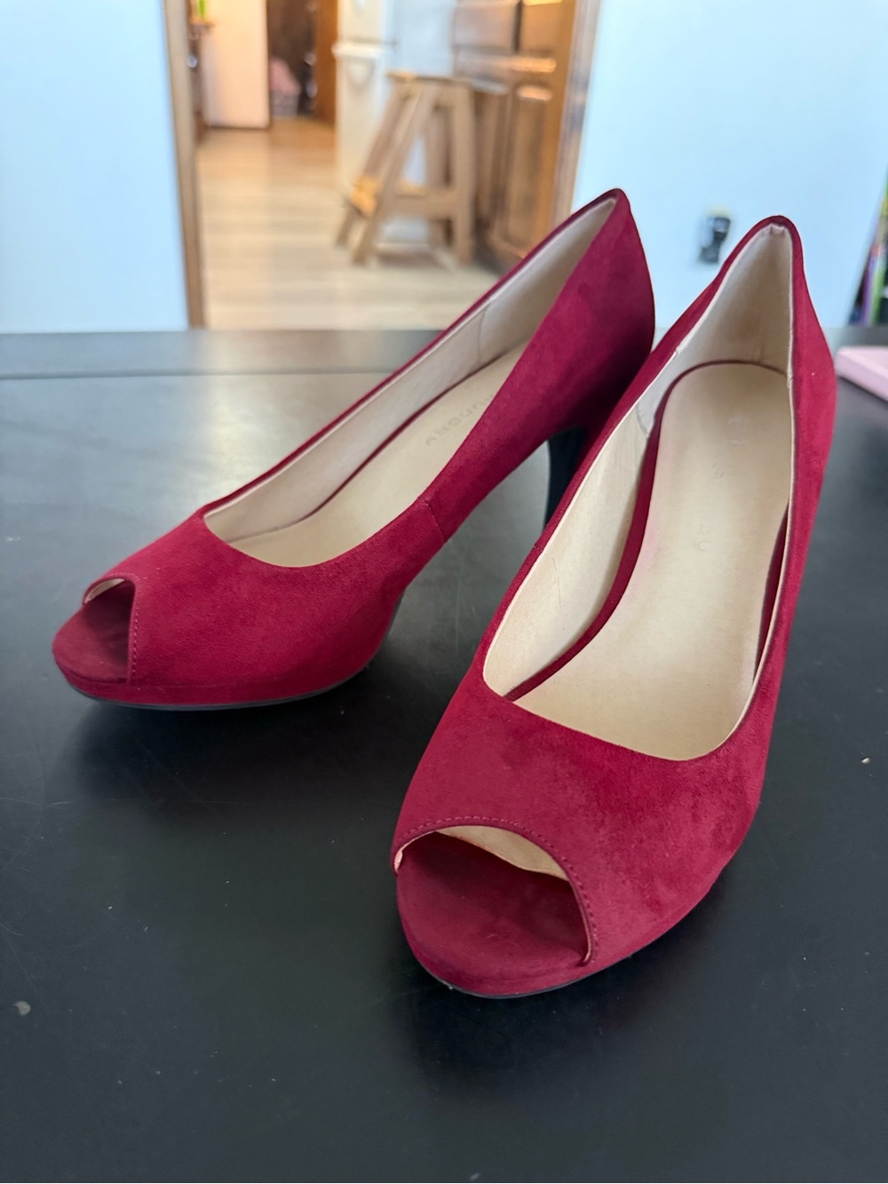 Chinese Laundry Burgundy Suede Peep-Toe Pumps